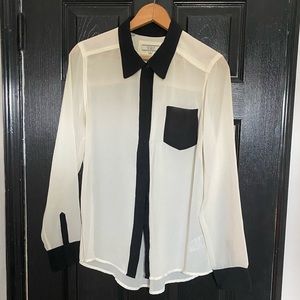 GUESS? Transparent Cream & Black Button Up w/pocket Medium Loose Fit
